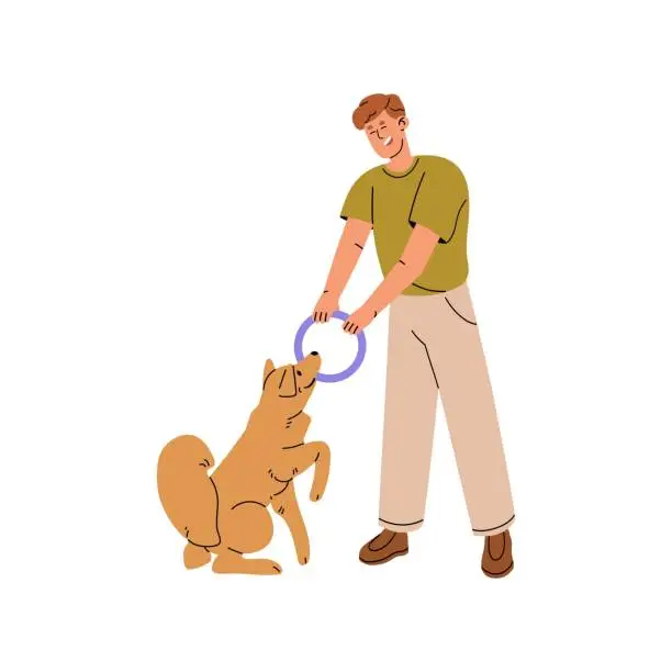 Vector illustration of Owner fun pulls rubber chew toy with his puppy. Pet sitter plays with dog. Trainer teaches command, training obedience of fluffy doggy. Pup does exercises. Flat isolated vector illustration on white