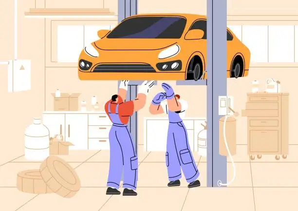 Vector illustration of Mechanics fix breakdowns, examine suspension, change wheels with car lift. Repairmen do maintenance in auto service station. Men repair automobile, do bodywork in garage. Flat vector illustration