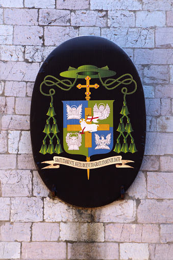 Episcopal coat of arms against a stone wall