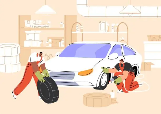 Vector illustration of Tire service in garage. Mechanics change, fitting wheels in auto repair station. Repairmen fix breakdowns of car suspension. Automobile workshop workers replace rubber. Flat vector illustration