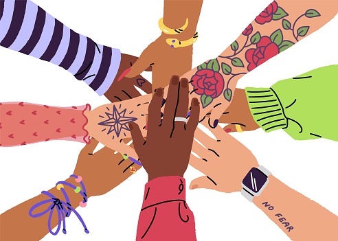 Diverse female hands join. Women team trusts, supports feminism community. Teamwork concept. People put arms together surround. Girls work in cooperation. Flat isolated vector illustration on white.