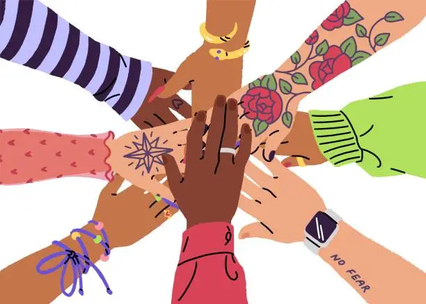 Vector illustration of Diverse female hands join. Women team trusts, supports feminism community. Teamwork concept. People put arms together surround. Girls work in cooperation. Flat isolated vector illustration on white