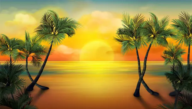 Vector illustration of Beach scene. Ocean sky background. Seashore landscape for summer travel banner. Nature art palm tree and clouds. Scenic sunset. Evening sunlight. Tropical panorama. Vector exact poster