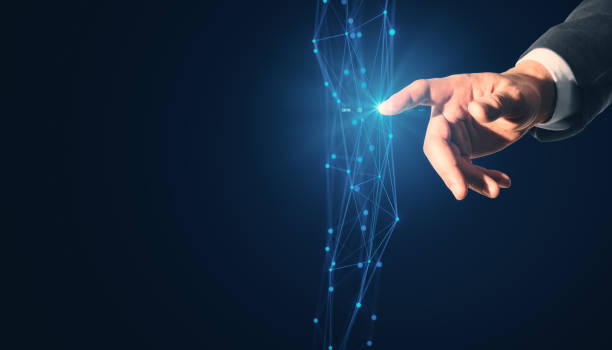 istock Close up of man hand pointing at creative polygonal interface. Business screen, push and select concept. Mock up place. 2114911619