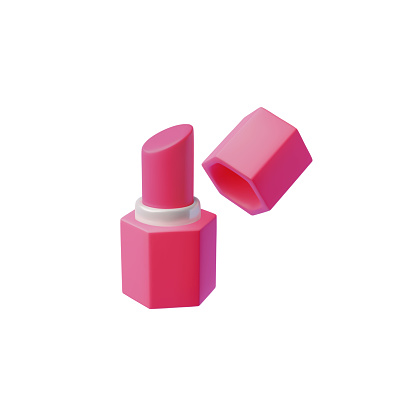 3D lipstick icon. Cartoon pink lip gloss cosmetic product, hexagonal tube and cap vector illustration. Beauty makeup accessory, skincare treatment lip balm. Trendy design package isolated on white