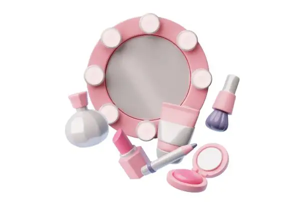 Vector illustration of 3D makeup mirror with light bulbs and beauty cosmetic products, foundation powder, blender brush, lipstick cream tube