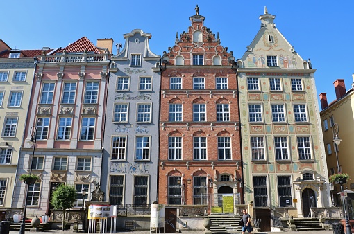 Gdansk, Poland - June 22nd 2016: Colorful historic buildings in Gdansk old town
