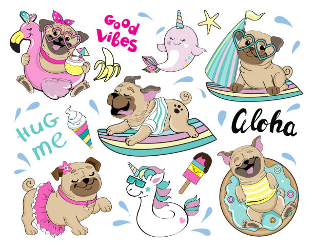 ilustraciones, imágenes clip art, dibujos animados e iconos de stock de colección de perro pug de verano sobre tabla de surf y flamenco hinchable. ilustración vectorial. parches de diseño de camisetas - dog baby t shirt child