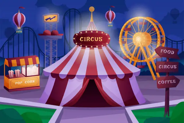 Vector illustration of Carnival night. Circus park background. Fair theme with tent and attractions. Festival ferris wheel and rollercoaster carousel. Fairground pointer stick. Vector cartoon garish illustration