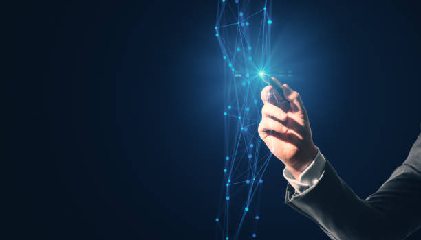 istock Close up of hand pointing at creative polygonal interface. Business screen, push and select concept. Mock up place. 2114918674