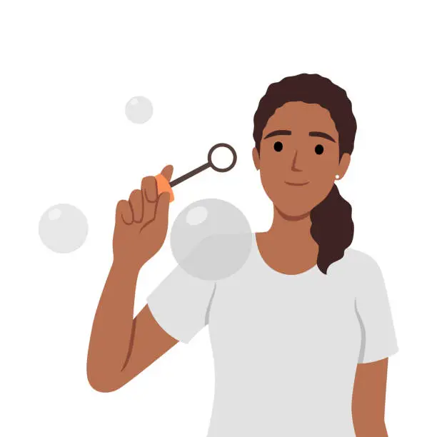 Vector illustration of Having fun, leisure concept. Positive young pretty girl standing playing with air bubbles blowing air bubble toy like little child, having fun