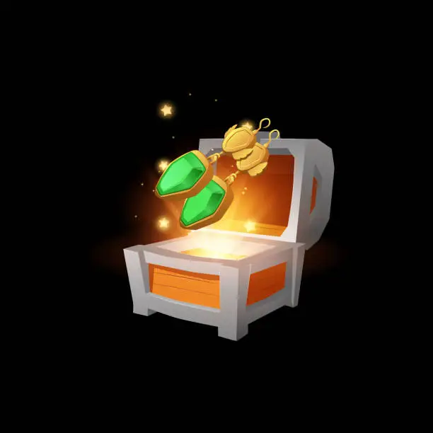 Vector illustration of Vintage wooden glowing chest with magic gem amulet, vector cartoon golden earrings with green gem game reward, trophy