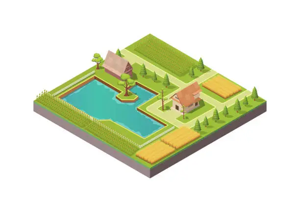 Vector illustration of Isometric beautiful countryside
