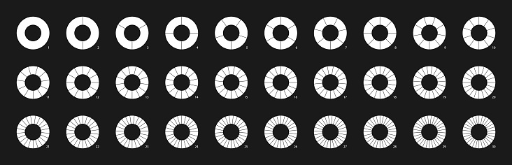 Donut chart diagram on black background. Simple line ring or circle divided into sectors. Set of infographic templates for parts of whole data presentation.