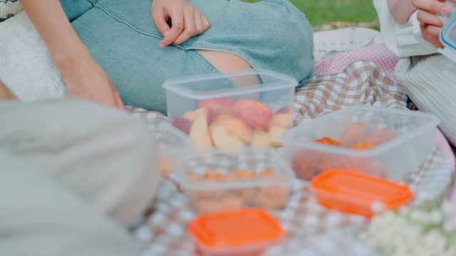 Close-Up of female friends open a picnic box and Sharing Food at park