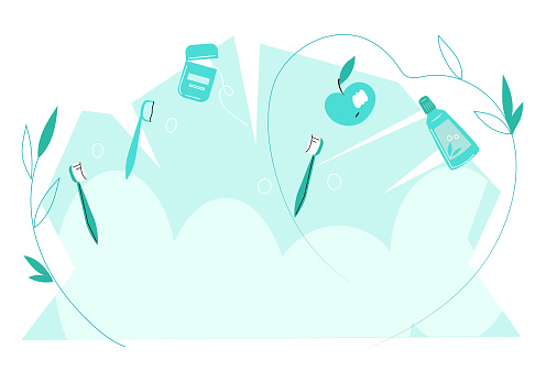 Banner background for dentistry and oral health theme. Banner design for dental care and oral hygiene with toothbrushes and hygiene accessories, flat vector illustration isolated on background.