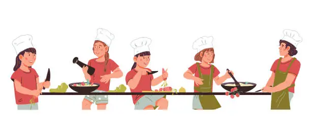 Vector illustration of Educational cooking classes for kids that help them develop skills in the kitchen, flat vector