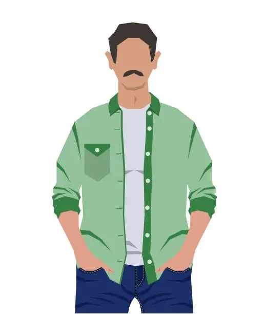 Vector illustration of Man is modern. Male character standing with hands in pockets. Symbols vector flat illustration.