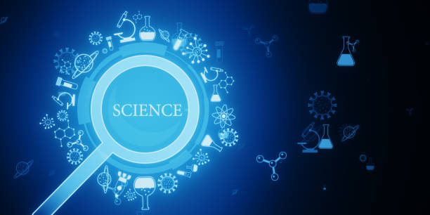 Science themed symbols on a blue digital background, abstract style, depicting various scientific icons and concepts. 3D Rendering