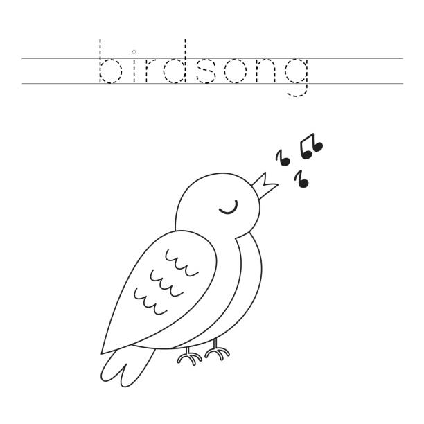 文字をなぞり、漫画の鳥のさえずりに色を付けます。子供のための手書きの練習。 - bird singing music pattern点のイラスト素材／クリップアート素材／マンガ素材／アイコン素材