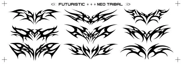 Vector illustration of Y2K tribal shapes in retro futuristic style. Futuristic and Neo Tribal Tattoo Designs