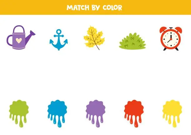Vector illustration of Color matching game for preschool kids. Match colorful items and blobs of paint by colors.