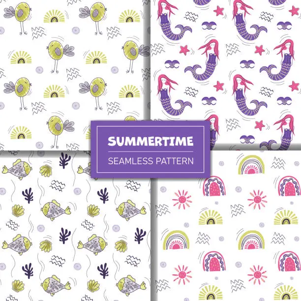 Vector illustration of Set of doodle backgrounds with rainbow, sun, mermaid and pineapple. Cute simple summertime patterns.