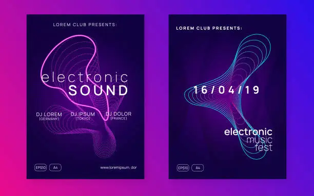 Vector illustration of Neon electronic event. Electro dance dj. Trance sound. Club fest poster. Techno music party flyer.