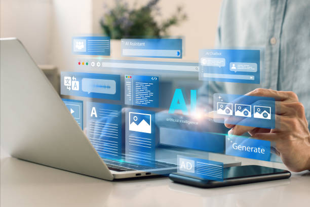 artificial intelligence content generator. a man uses a laptop to interact with ai assistant. ai offers functions like chatbot, generate images, write code, writer bot, translate and advertising. - elektronische handel fotos stockfoto's en -beelden