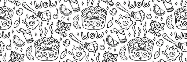 Vector illustration of Meat dumplings outline pattern. Dough and meat products background doodles. Pelmeni and sour cream.