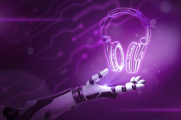 istock 3d rendering of android hand levitating headphones on blurry purple background. 2115025744