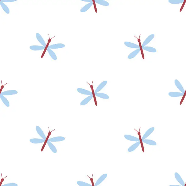 Vector illustration of Cute dragonfly seamless pattern, cartoon flat vector illustration.