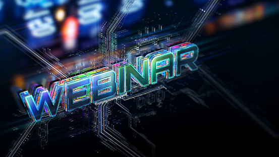 Webinar concept on futuristic background. Digital connection and data transfers with defocused lights.