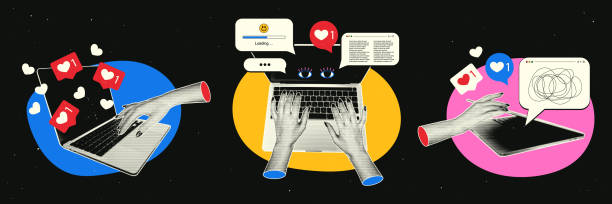 illustrazioni stock, clip art, cartoni animati e icone di tendenza di collage retrò alla moda con laptop e mani. lancette con effetto mezzetinte digitazione sulla tastiera. notizie, like, promozione sui social network. - immagine composita