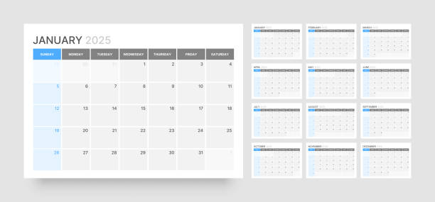 monthly calendar for 2025 year. starts on sunday. - kalender vorlage stock-grafiken, -clipart, -cartoons und -symbole