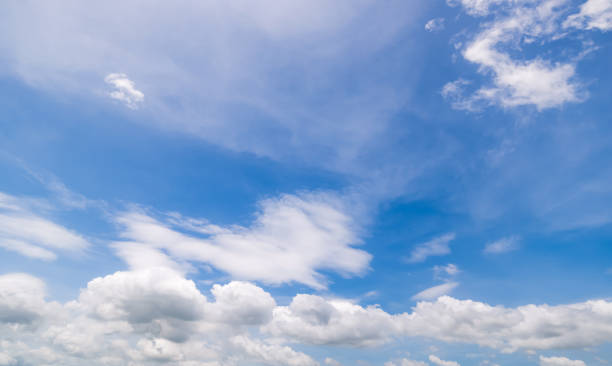 istock Panoramic view of clear blue sky and clouds, Blue sky background with tiny clouds. White fluffy clouds in the blue sky. Captivating stock photo featuring the mesmerizing beauty of the sky and clouds. 2115058112