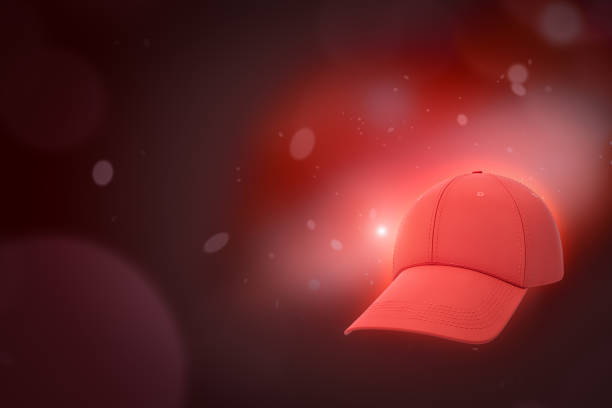 3d rendering of red baseball cap on gradient bokeh crimson background with copy space. Sportswear. Clothes and accessories. Casual style.