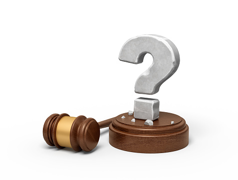 3d rendering of hefty stone question mark standing on sounding block with gavel beside. Lawsuit and trials. Guilty or innocent? Controversial court case.