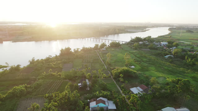 Aerial video over river and fishing boats, Vietnam Hoi An