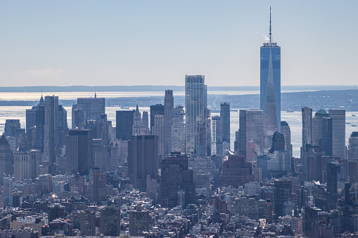 Aerial view of One World Trade Centre surrounding with downtown Manhattan Skyscrapers, New York City, New York State, USA.