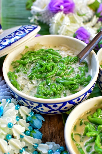 Lod chong Thai Dessert made  with flour in coconut milk,pandan noodled with coconut milk,cendol