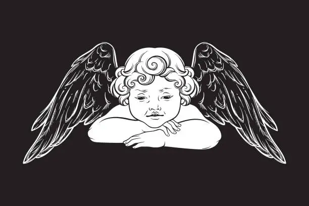 Vector illustration of Cherub cute winged curly smiling baby boy angel isolated over black background. Hand drawn design vector illustration