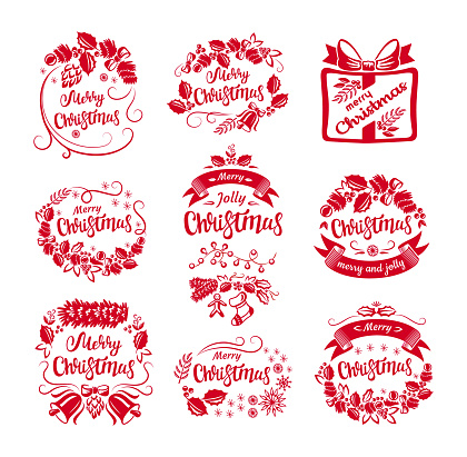 Festive Christmas labels, banners, badges and  wishes. Vector illustration.