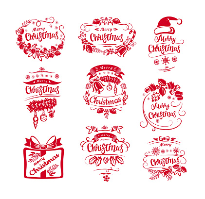 Festive Christmas labels, banners, badges and  wishes. Vector illustration.