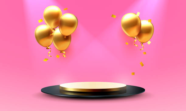 istock Balloon golden podium present, celebrate happy birthday, gold platform banner. Vector illustration 2115151377