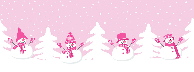 Happy snowmen have fun in winter holidays. Seamless border. Christmas background. Different snowmen in pink winter hats and scarfs. Greeting card template. Vector illustration on pink