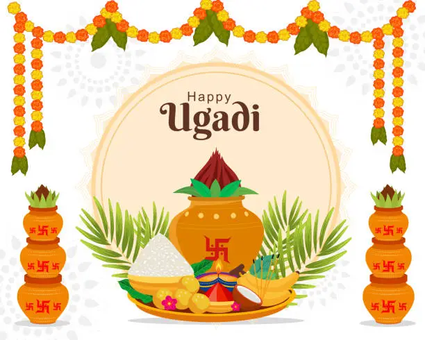 Vector illustration of Happy ugadi traditional festival for the New Year's Day for the states of Andhra Pradesh, Telangana, and Karnataka in India