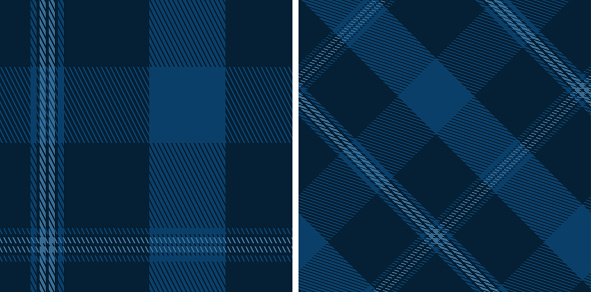 Plaid seamless vector tartan patterns set. Colored straight and oblique scottish cage texture. Fashionable checkered wallpaper. Printing on fabric, shirt, textile, curtain and tablecloth.