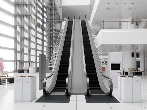 escalators at the modern shopping mall. 3D design render