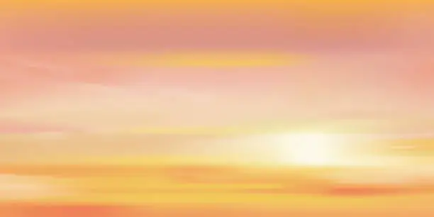 Vector illustration of Sunset Sky Background,Sunrise cloud Orange,Yellow,Pink in morning Summer,Vector sunny Autumn,Nature landscape field in evening.Winter sunlight,cartoon illustration Horizon Spring sundown by Sea Beach